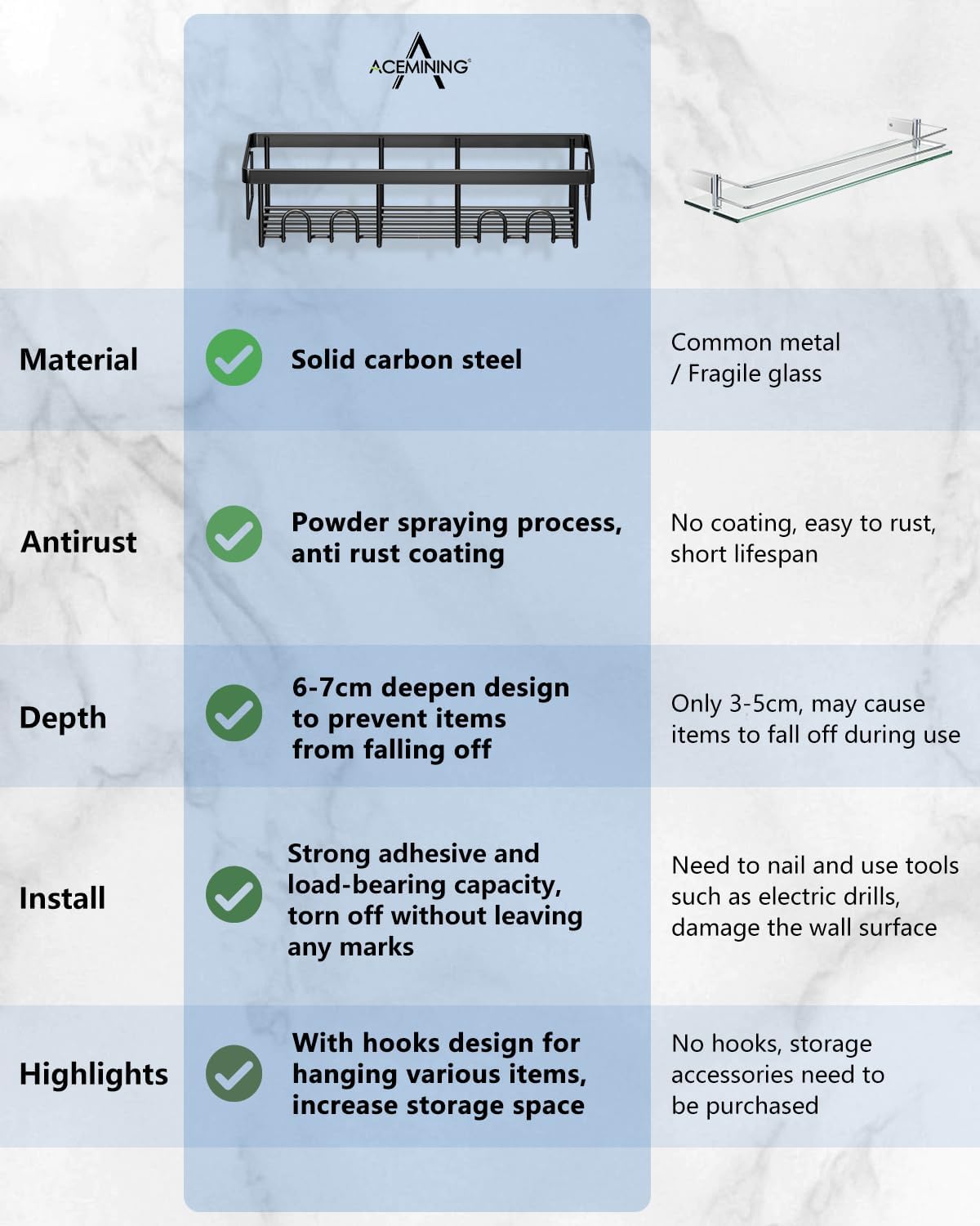 AceMining - Etagere Douche Noir - 3 Pack - Rangement adhésif, crochets, sans perçage