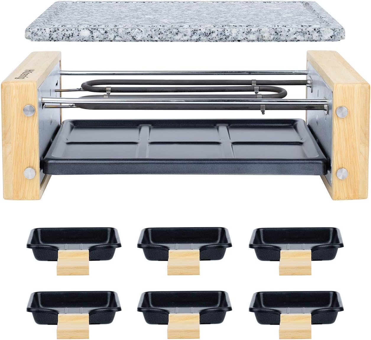 H.Koenig - raclette multifonction 6 personnes, pierre granit, bois, fondue, 900W, WOD6