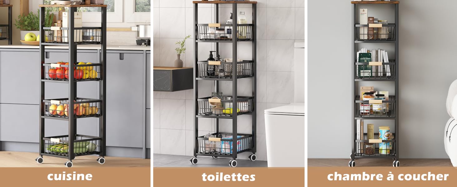 Image à trois panneaux montrant de hautes étagères de rangement en métal noir organisées avec des articles ménagers dans la cuisine, la salle de bain et la chambre à coucher.