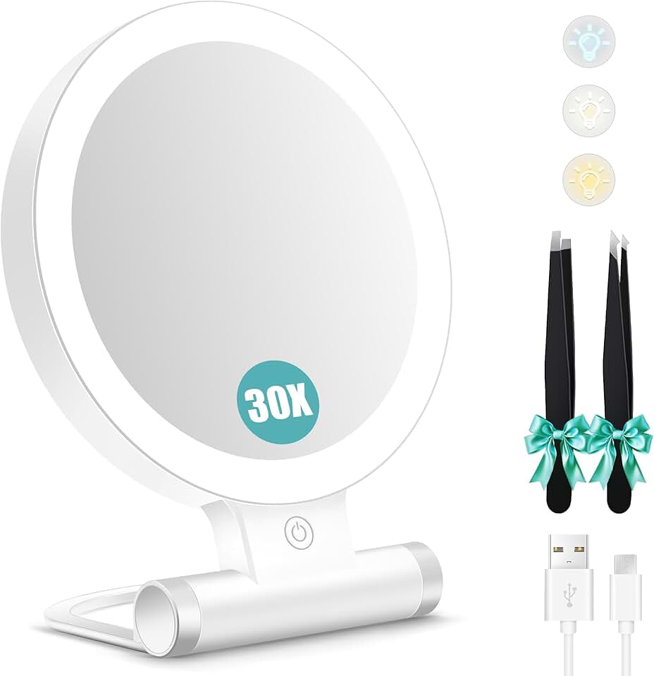 B Beauty Planet - Miroir double face compact, 1X/30X, 3 éclairages, 2000mAh, pliable