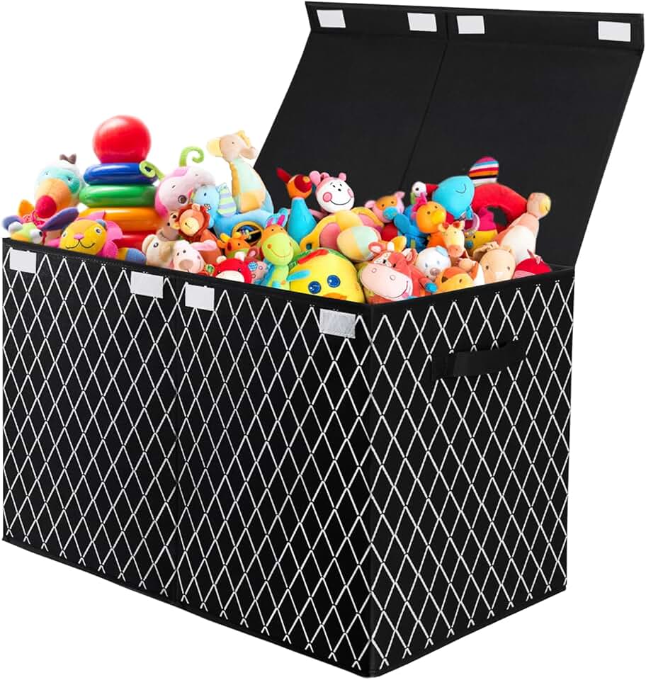 Boîte à jouets - coffre motif carreaux noirs, poignées, couvercle, rangement chambre enfant