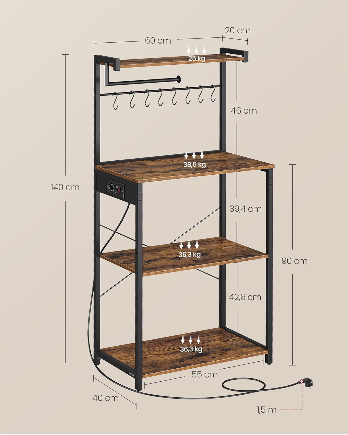 VASAGLE - étagère cuisine 4 niveaux, multiprise, 40x60x140 cm, KKS014K02