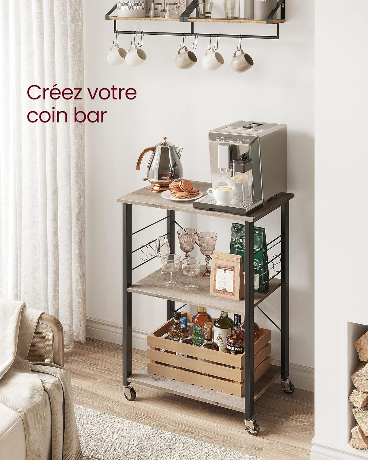 VASAGLE - étagère cuisine 3 niveaux, roulettes, 40x60x89cm, 6 crochets KKS060B02