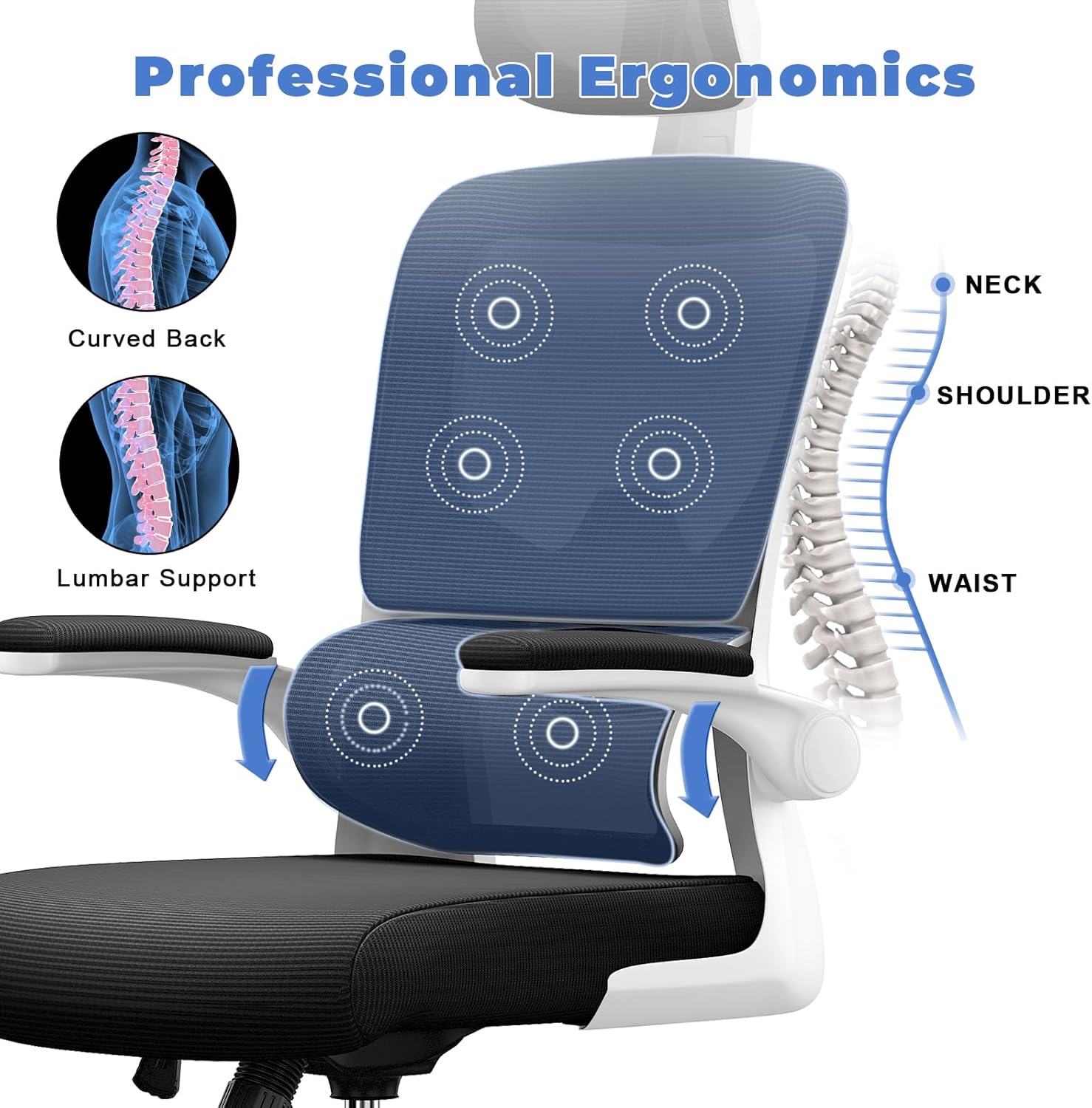 Chaise de bureau ergonomique - dossier/appui-tête réglables - support lombaire - accoudoirs réversibles - maille respira