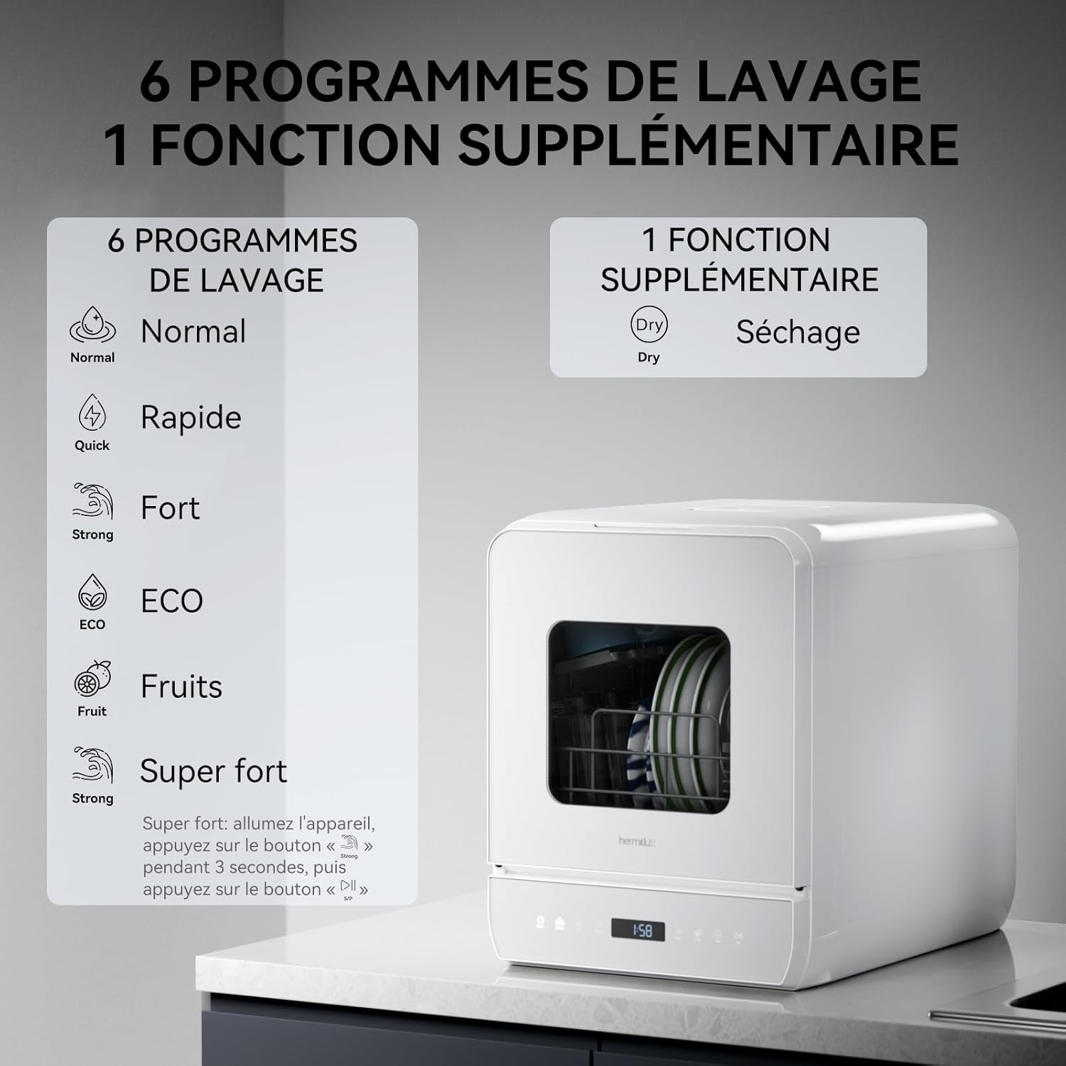 Hermitlux - Mini lave-vaisselle compact, 5 couverts, réservoir 5L, 6+1 programmes