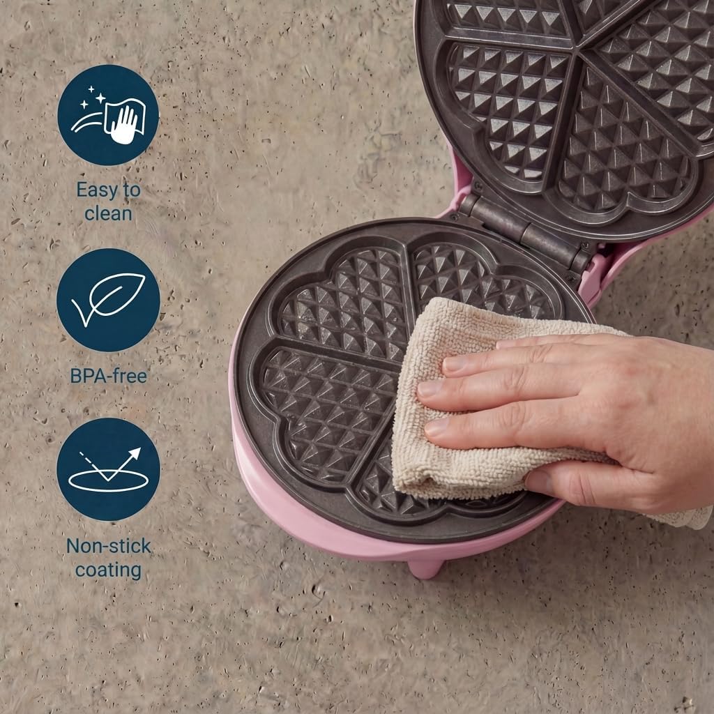 Bestron - Gaufrier rétro cœur, 700W, antiadhésif, rose, compact