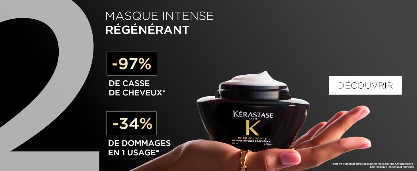 Le texte indique « MASQUE INTENSE REGENERANT », « -97% », « -34% ». Image marketing du produit montrant un contenant cosmétique noir maintenu sur fond sombre.