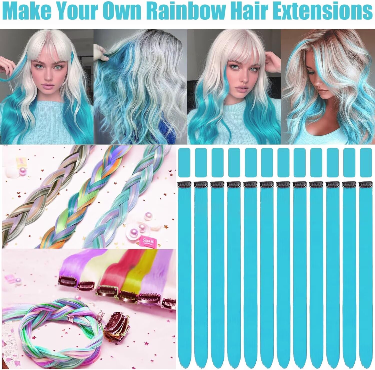 Mèches de cheveux - lot de 12, bleu menthe, 55cm, tresses enfants