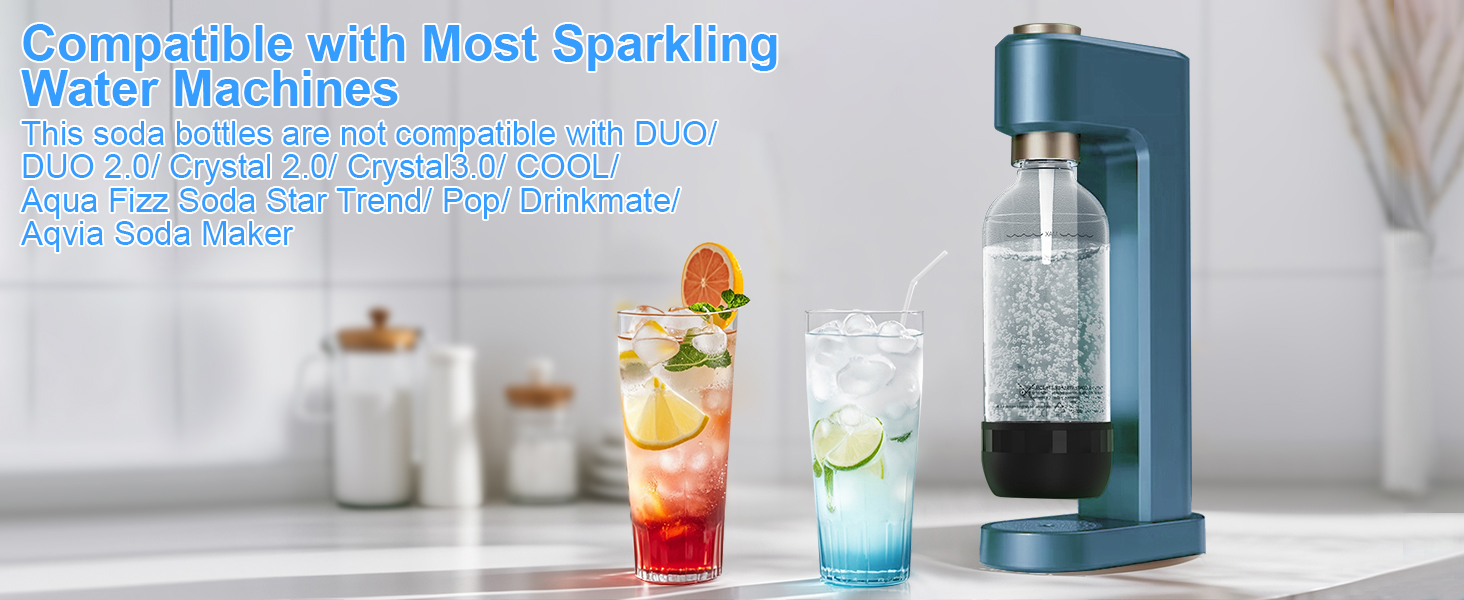 avec deux verres de boissons gazeuses. Appareil compatible avec les machines à soda populaires. Boissons garnies de tranches de fruits