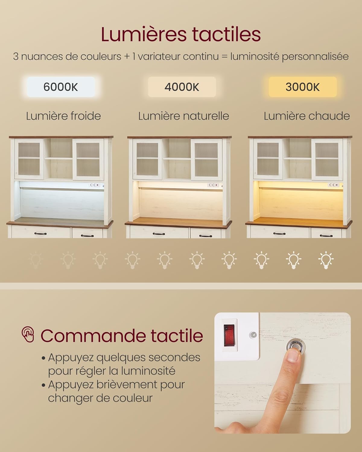 VASAGLE - meuble de rangement éclairé blanc/marron - 39,5x106,5x180,6 cm - portes, tiroirs, étagères réglables - BBK391W