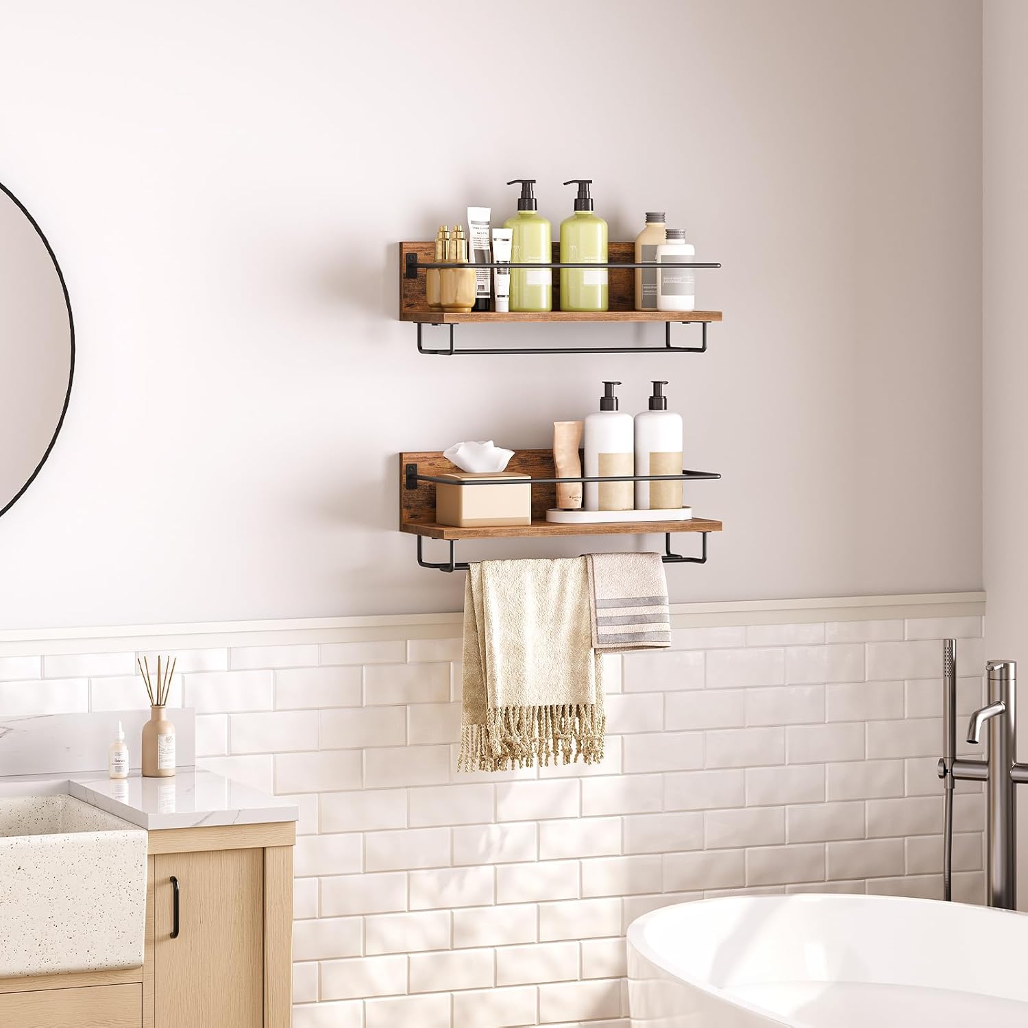 HOOBRO - Porte-bouteilles mural 2 pcs, bois métal, rangement verres, EBF28BJ01