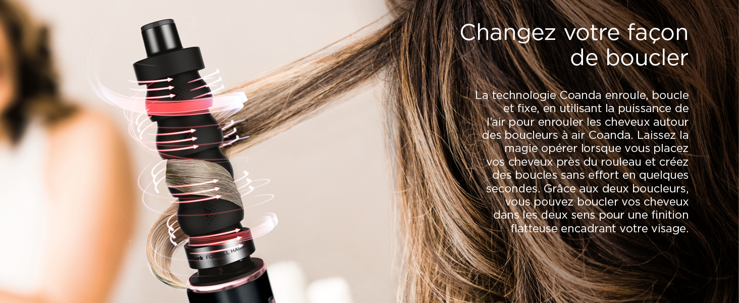 Le texte se lit comme suit : « Changez votre forme ». Séquence de démonstration du produit montrant un flacon noir muni d'un compte-gouttes utilisé sur les cheveux.