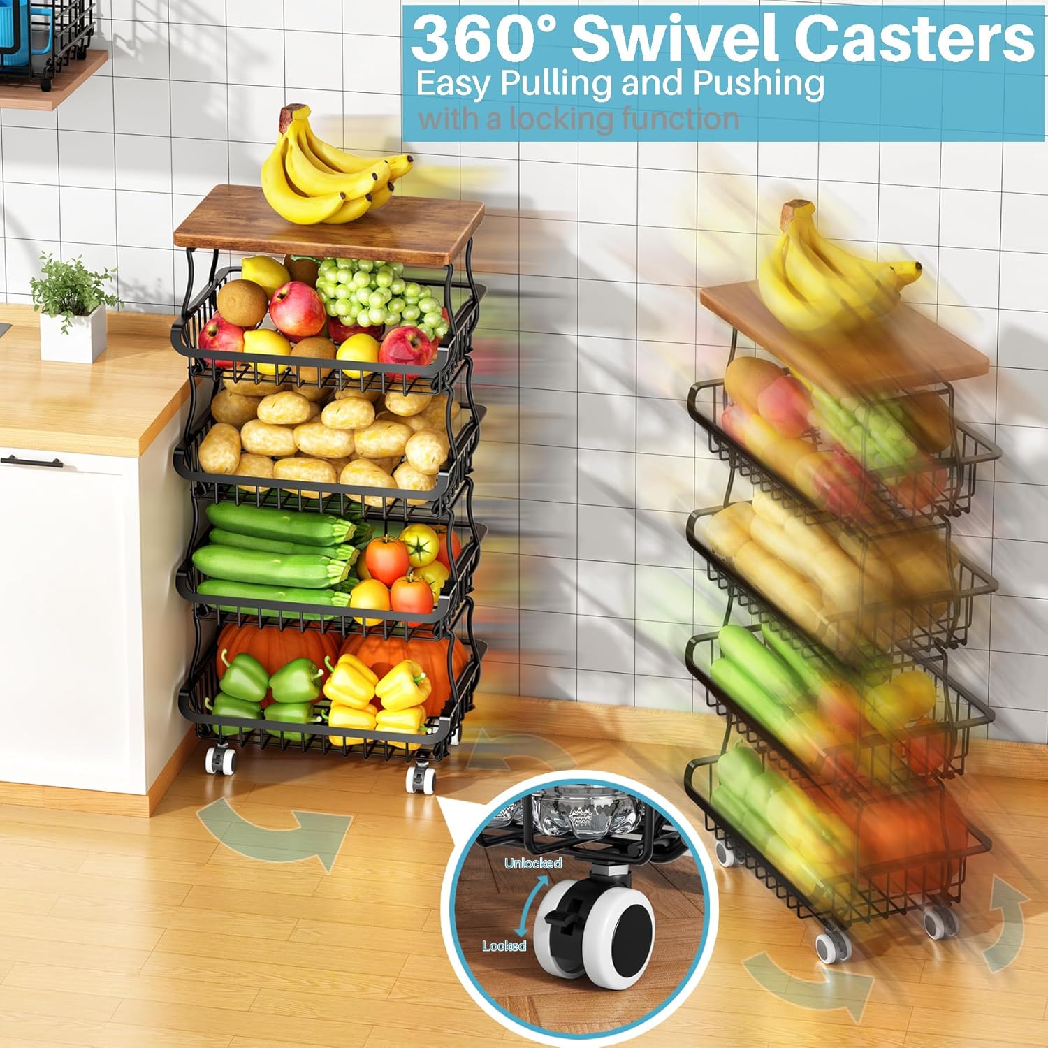 Corbeille à fruits et légumes - 5 niveaux, métal, empilable, roulettes, rangement cuisine