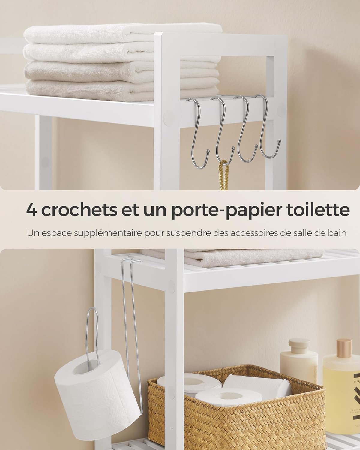 SONGMICS - étagère WC (BTS01WT) - 3 niveaux, réglable, gain de place