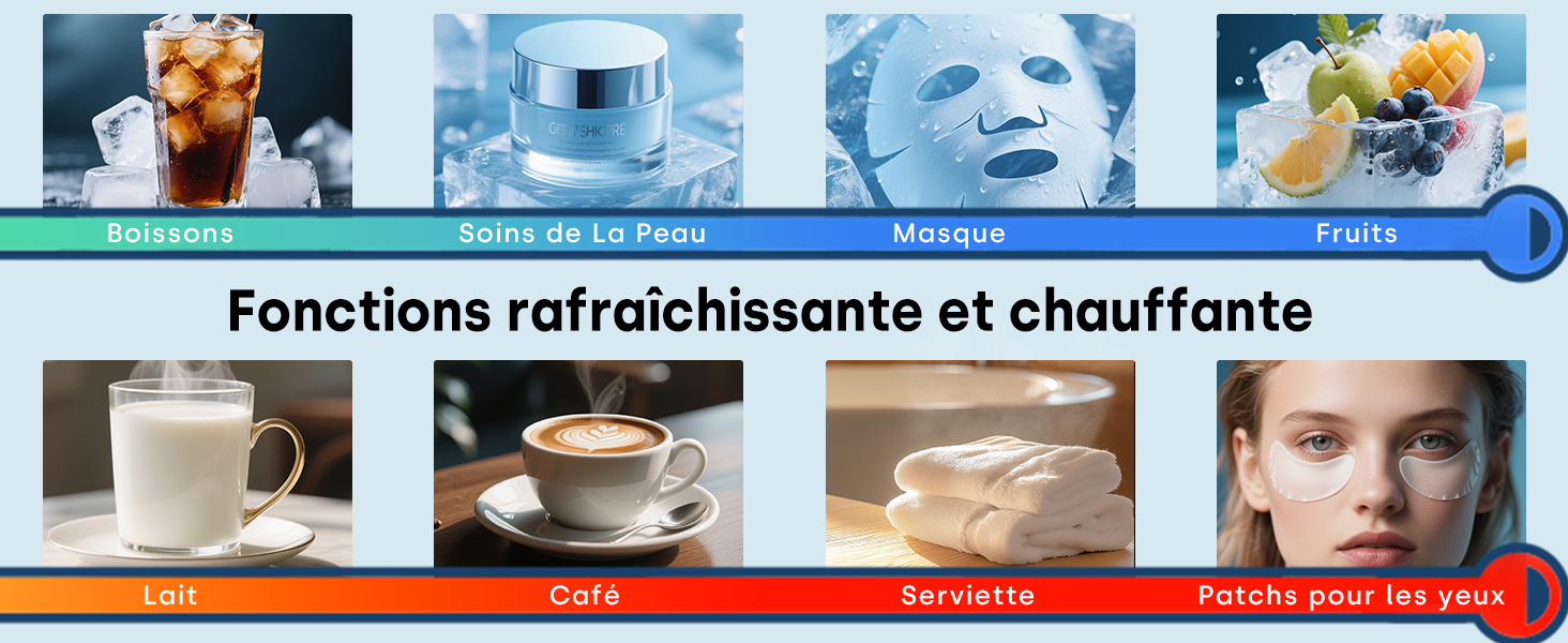 Le texte se lit comme suit : « Fonctions rafraîchissante et chauffante ». Collage de quatre images montrant les applications de produits liées à la température.