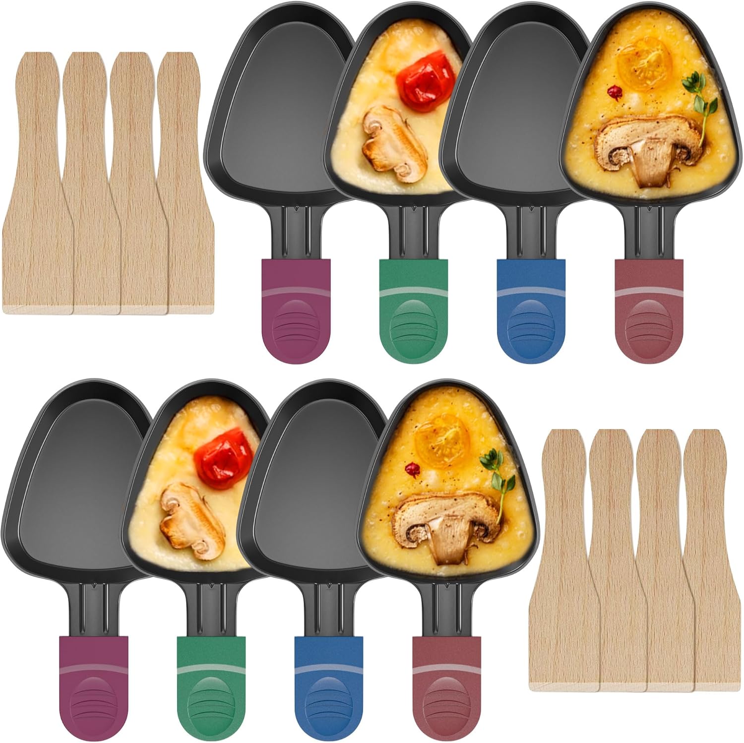 ipow - lot de 8 poêlons à raclette triangle, antiadhésifs, avec spatules