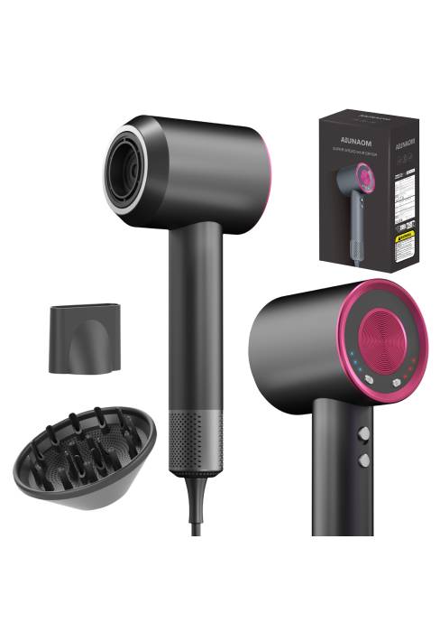 Sèche-cheveux professionnel au fini gris mat, doté d'une buse cylindrique, de deux accessoires et d'une boîte d'emballage pour la vente au détail. Comprend des accessoires pour diffuseur et concentrateur.