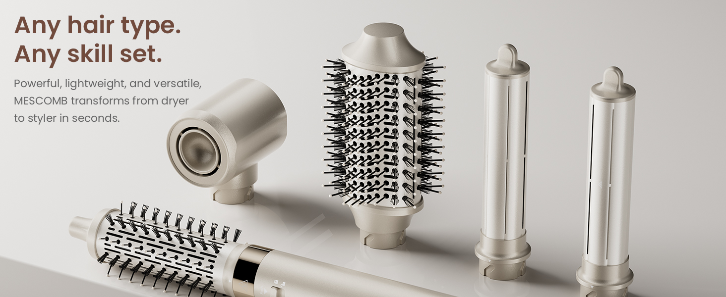 Le texte indique « Image 6 » et « Tout type de cheveux ». N'importe quel set partagé. » Collection d'outils de coiffure en argent comprenant des brosses rondes et des accessoires.