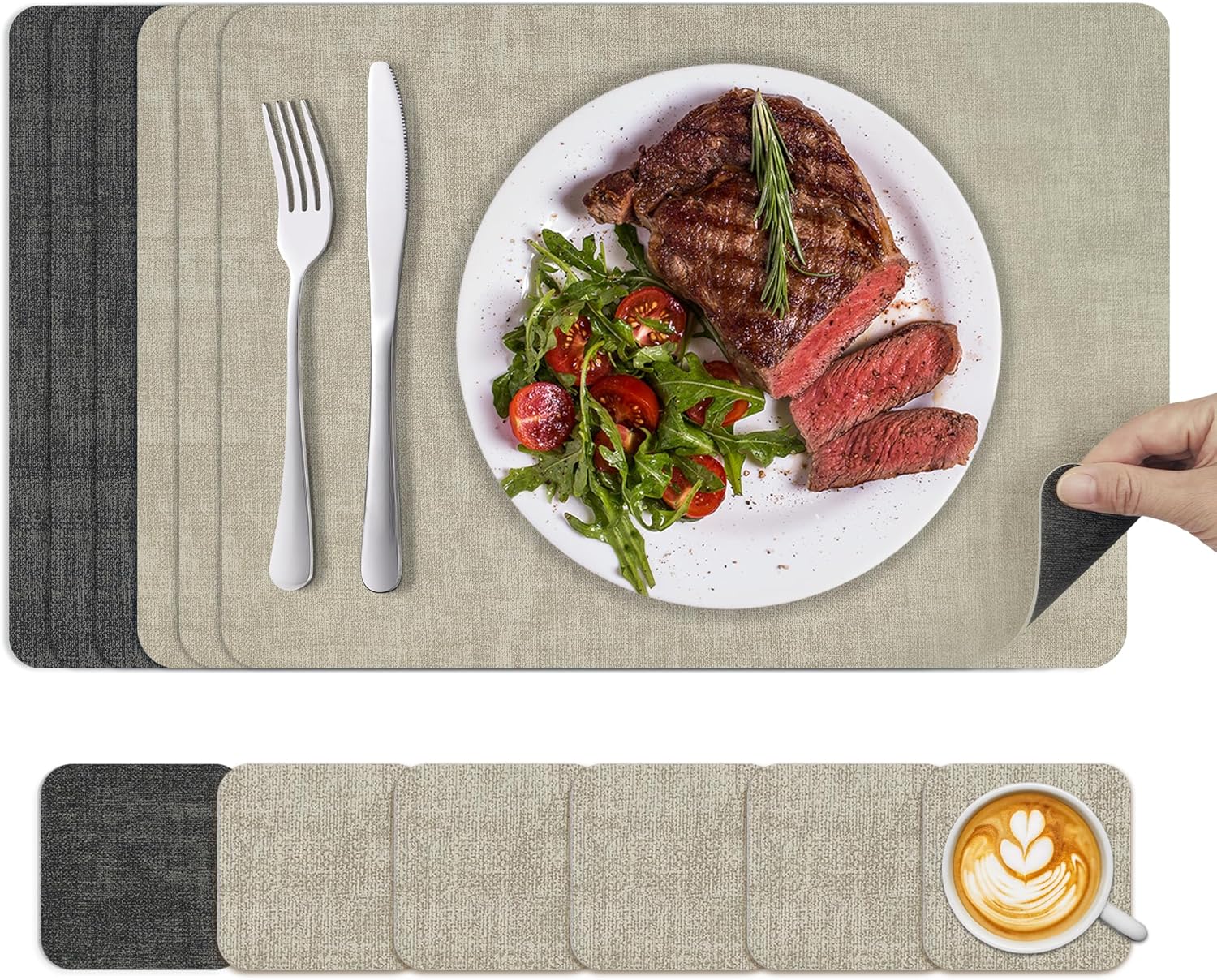 KitchenBoss - set de table double face - 43x30cm - lavable, lot de 6, beige/noir