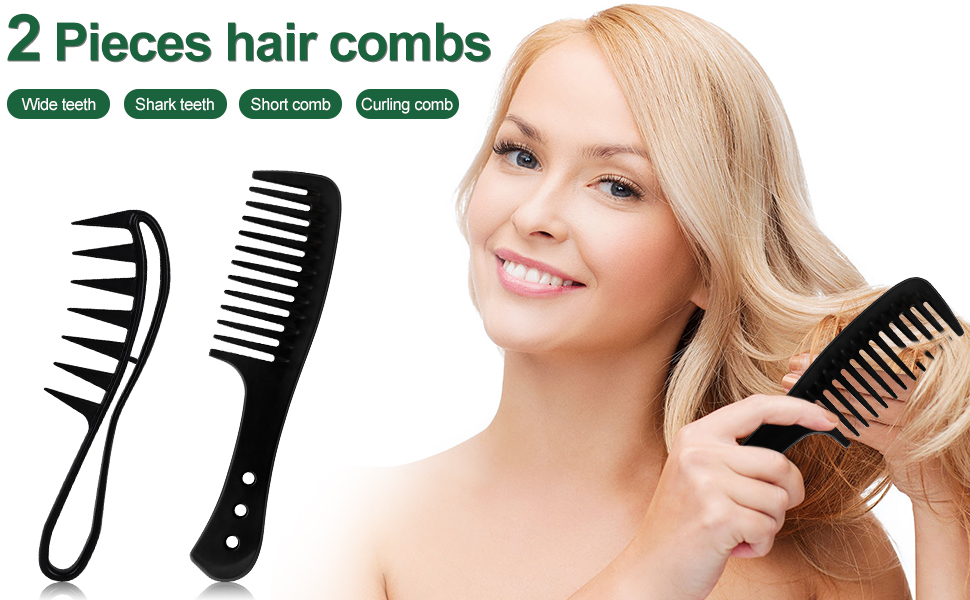 Deux peignes à cheveux noirs avec différentes largeurs de dents. Le texte décrit les « peignes à cheveux en 2 pièces » et répertorie les types de peignes : « Dent large, dent de requin, peigne court, peigne