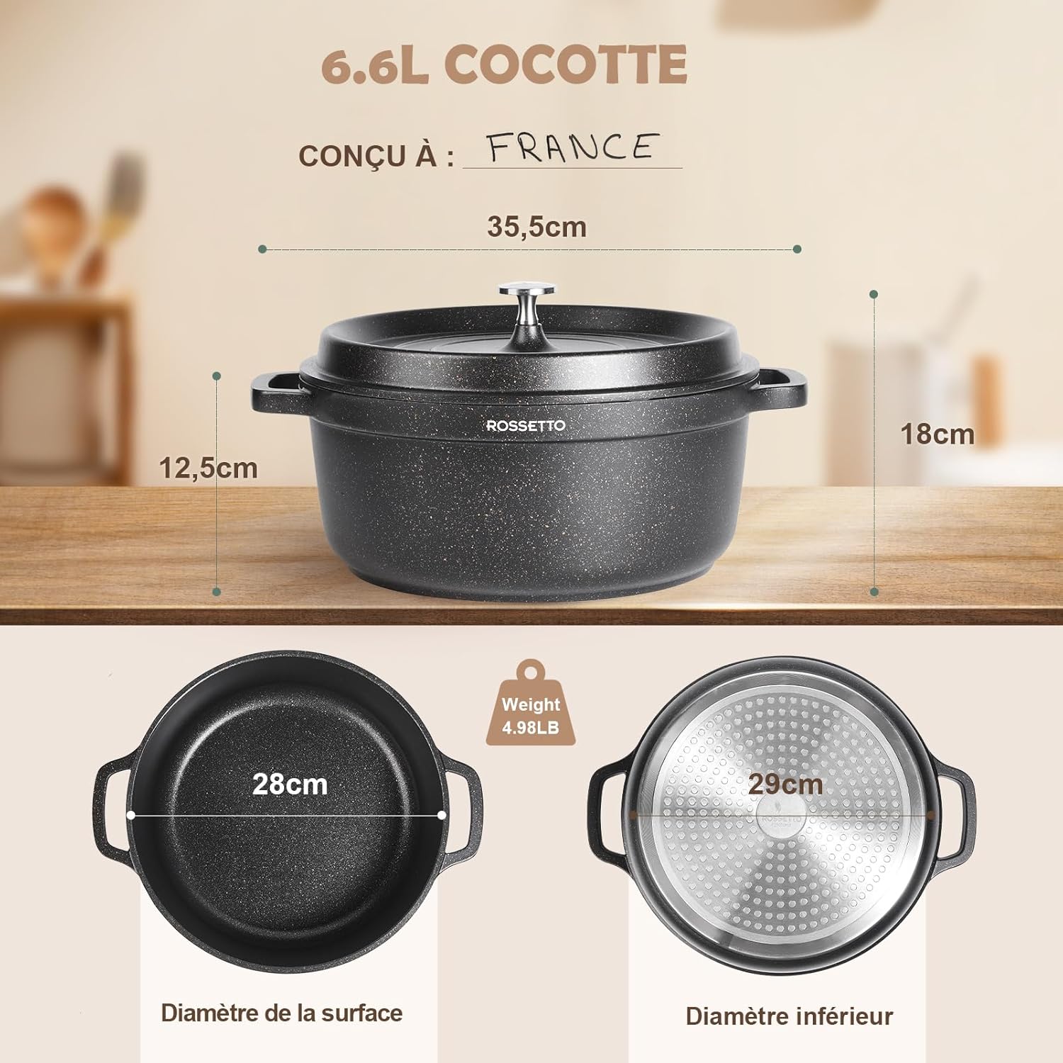 ROSSETTO - cocotte ronde fonte aluminium 28cm, céramique, induction, 6,6L