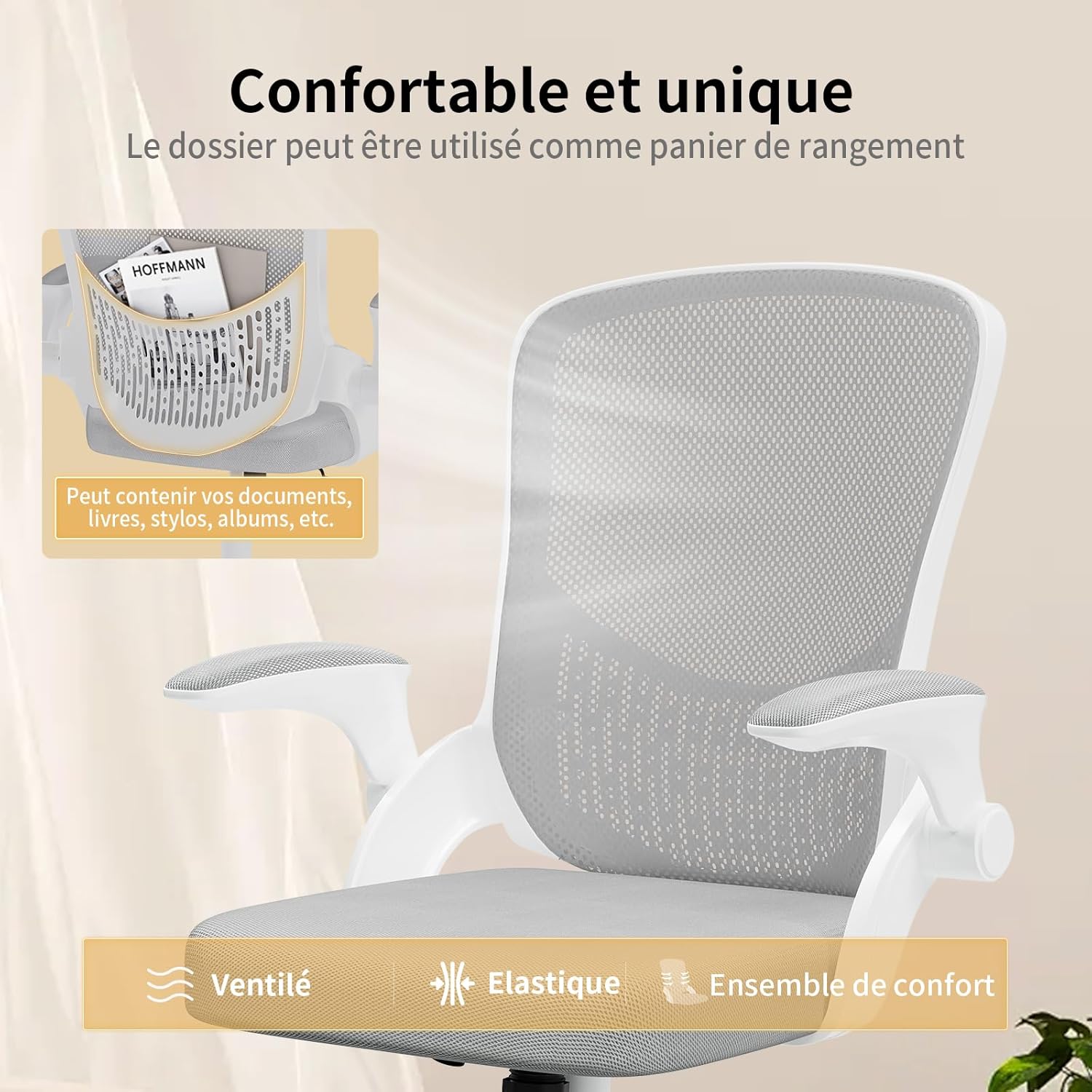 naspaluro - chaise de bureau ergonomique, accoudoirs réversibles, maille respirante, hauteur réglable, soutien lombaire