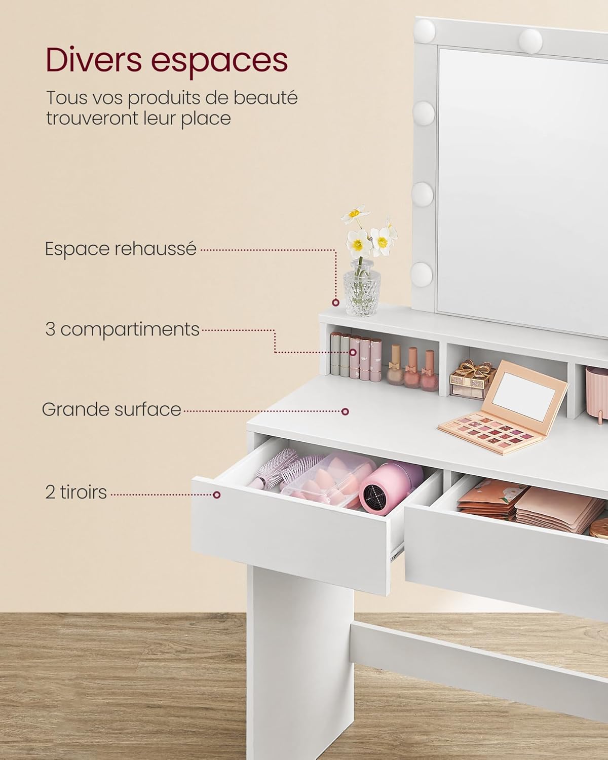 VASAGLE - Kailyn Collection - coiffeuse LED, 2 tiroirs, 3 compartiments, style moderne, blanc - RDT114WB01