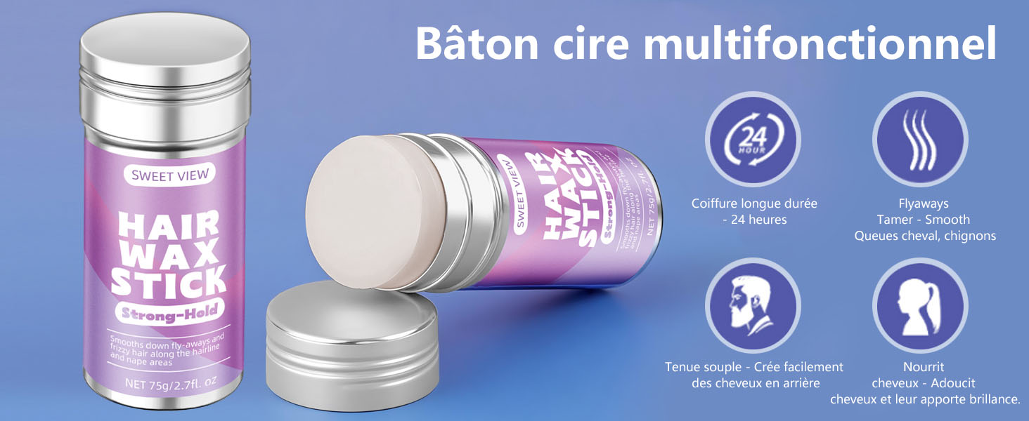 Le texte se lit comme suit : « Bâton cire multifonctionnel ». L'image du produit montre un contenant cylindrique argenté avec une étiquette violette. Quatre icônes circulaires indiquant les caractéristiques du produit.