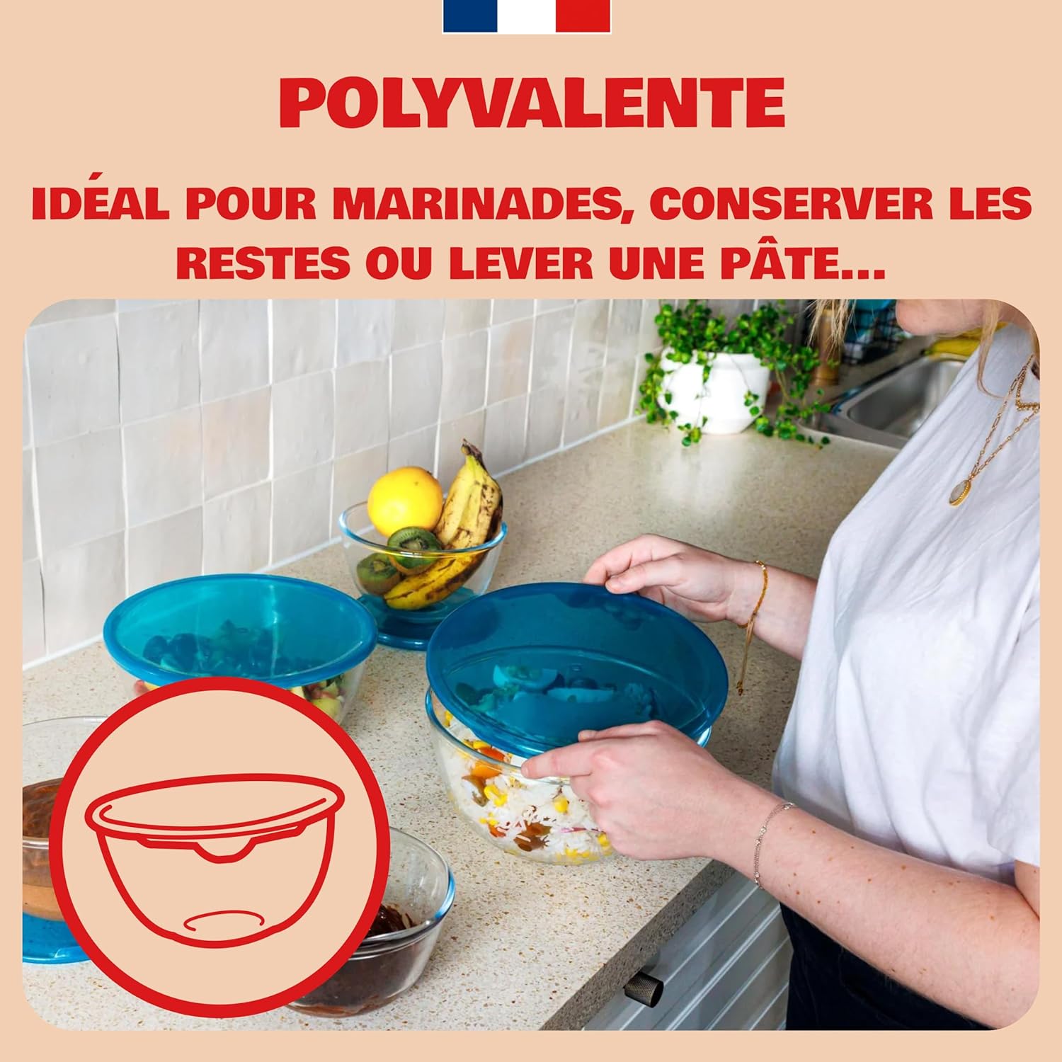 Pyrex - saladier gigognable 1.1L - verre borosilicate, couvercle