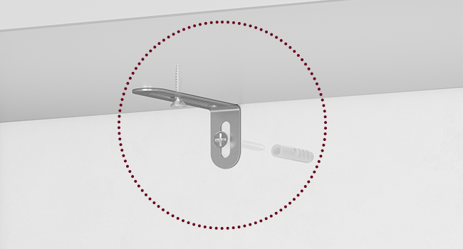 Gros plan d'un support métallique en forme de L muni d'une vis, surligné par un cercle en pointillés rouges. Il s'agit apparemment d'un composant matériel de montage ou de support.