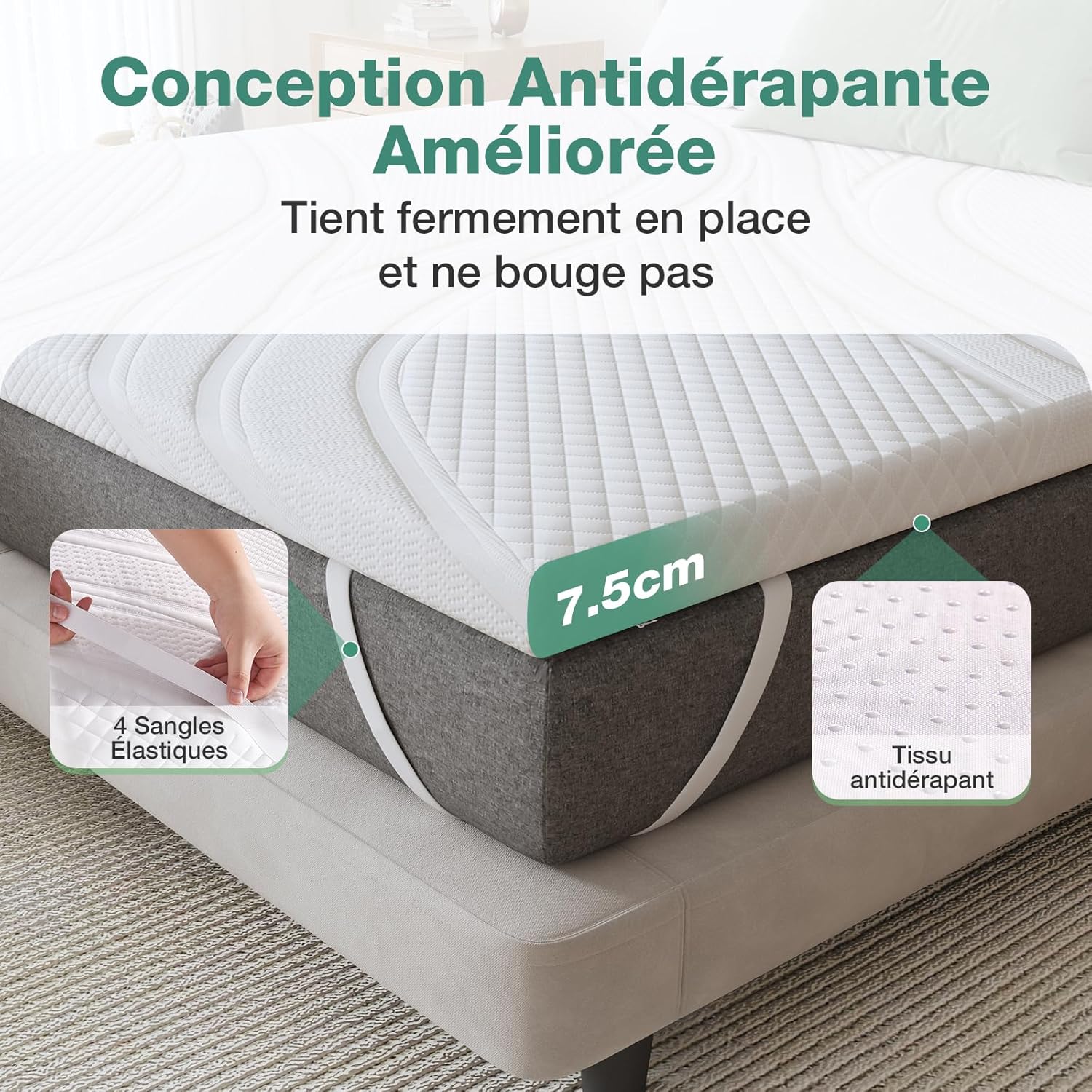 Novilla - surmatelas gel mémoire de forme - 80x200 cm - 7,5 cm épaisseur, déhoussable, antidérapant