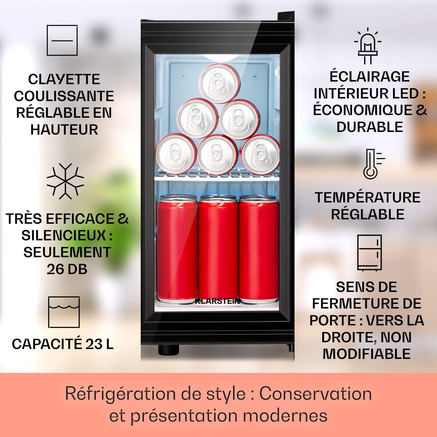 Klarstein - mini frigo 23L - étagères réglables, 5-18°C, silencieux