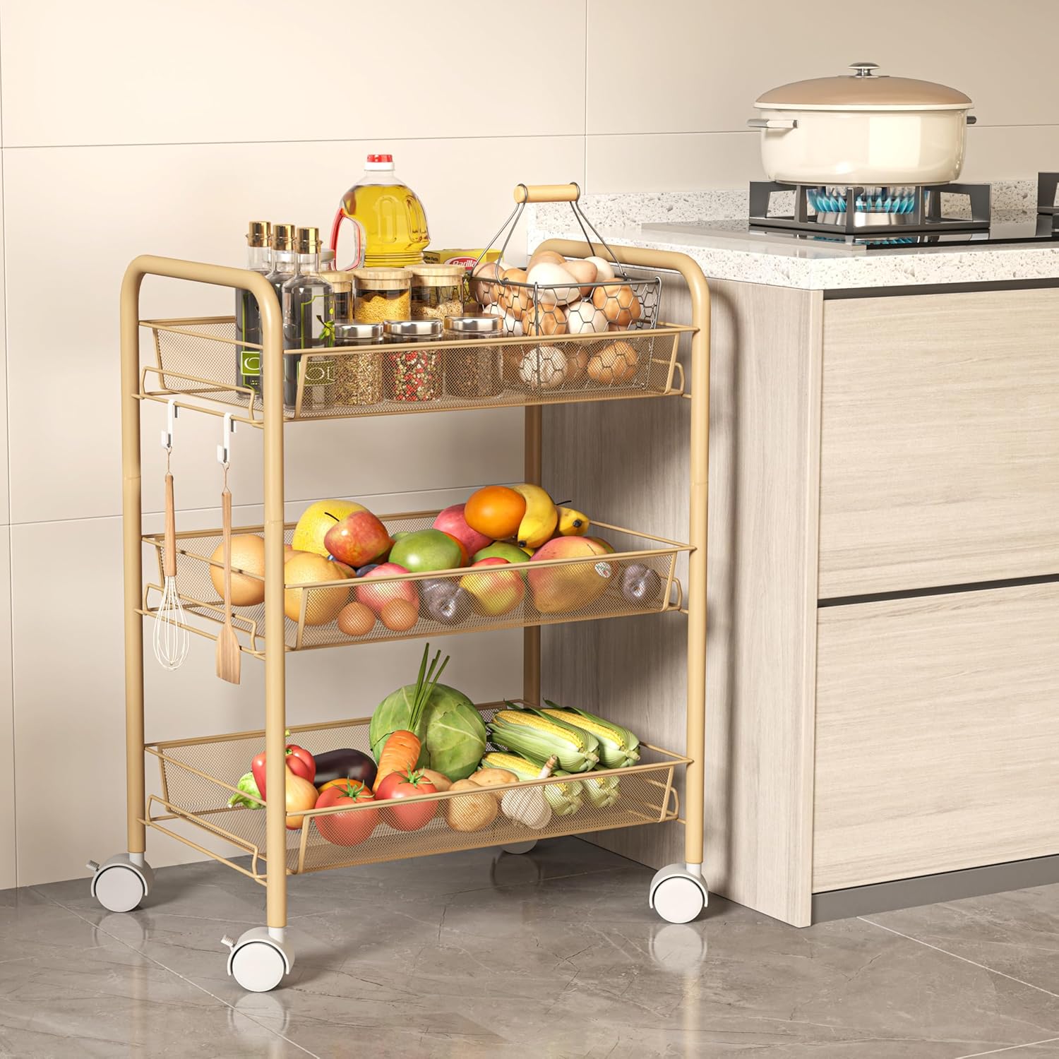 Chariot métallique - 3 étagères, poignées, roulettes, orange, cuisine