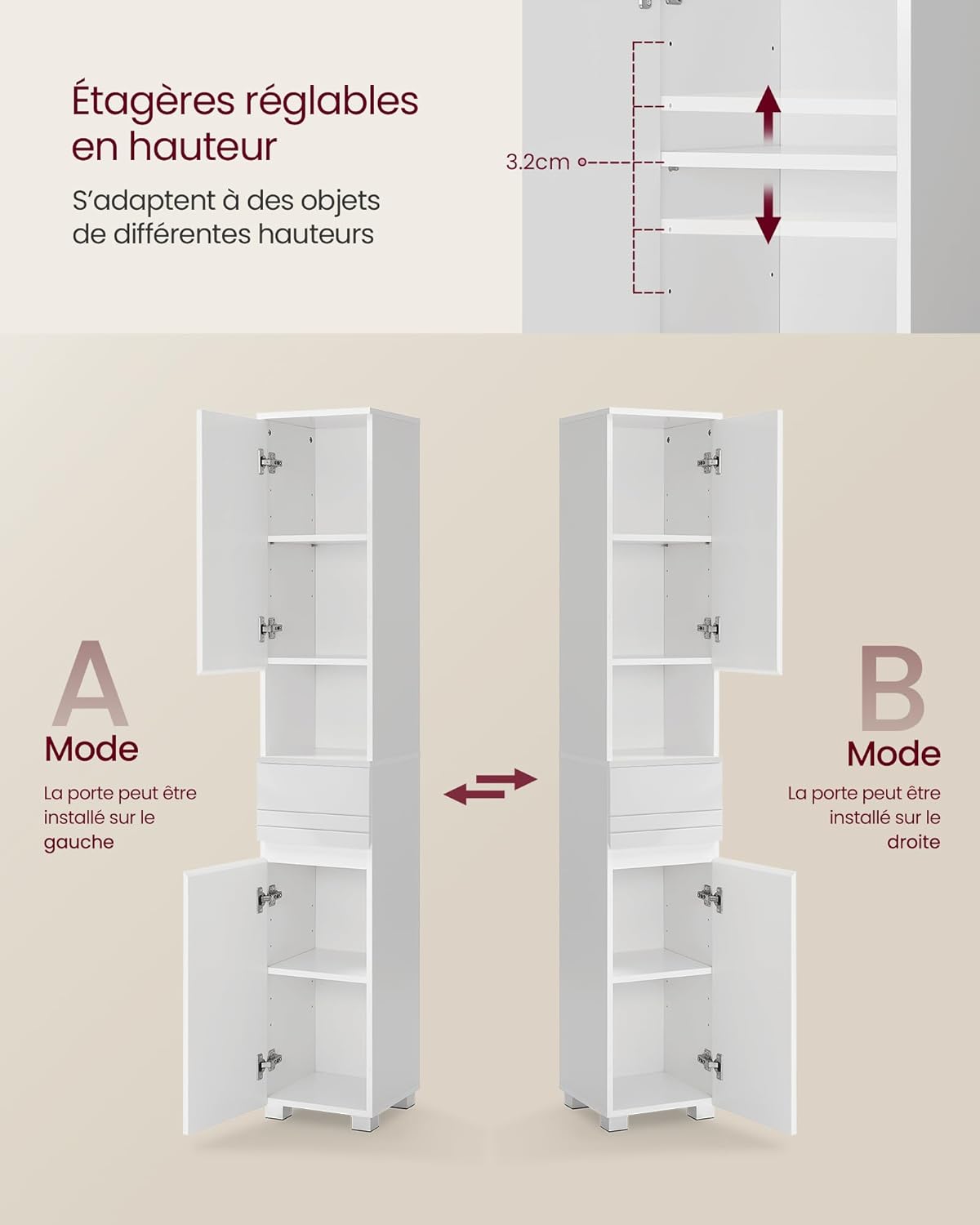 VASAGLE - armoire de salle de bain - 30x30x170 cm - tiroir, étagères réglables, compartiments - BBC560P31