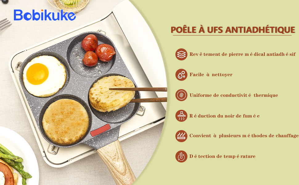 avec surface antiadhésive, pour la cuisson des œufs, des crêpes et des tomates. Les caractéristiques répertoriées en français incluent un nettoyage facile et une répartition uniforme de la chaleur.