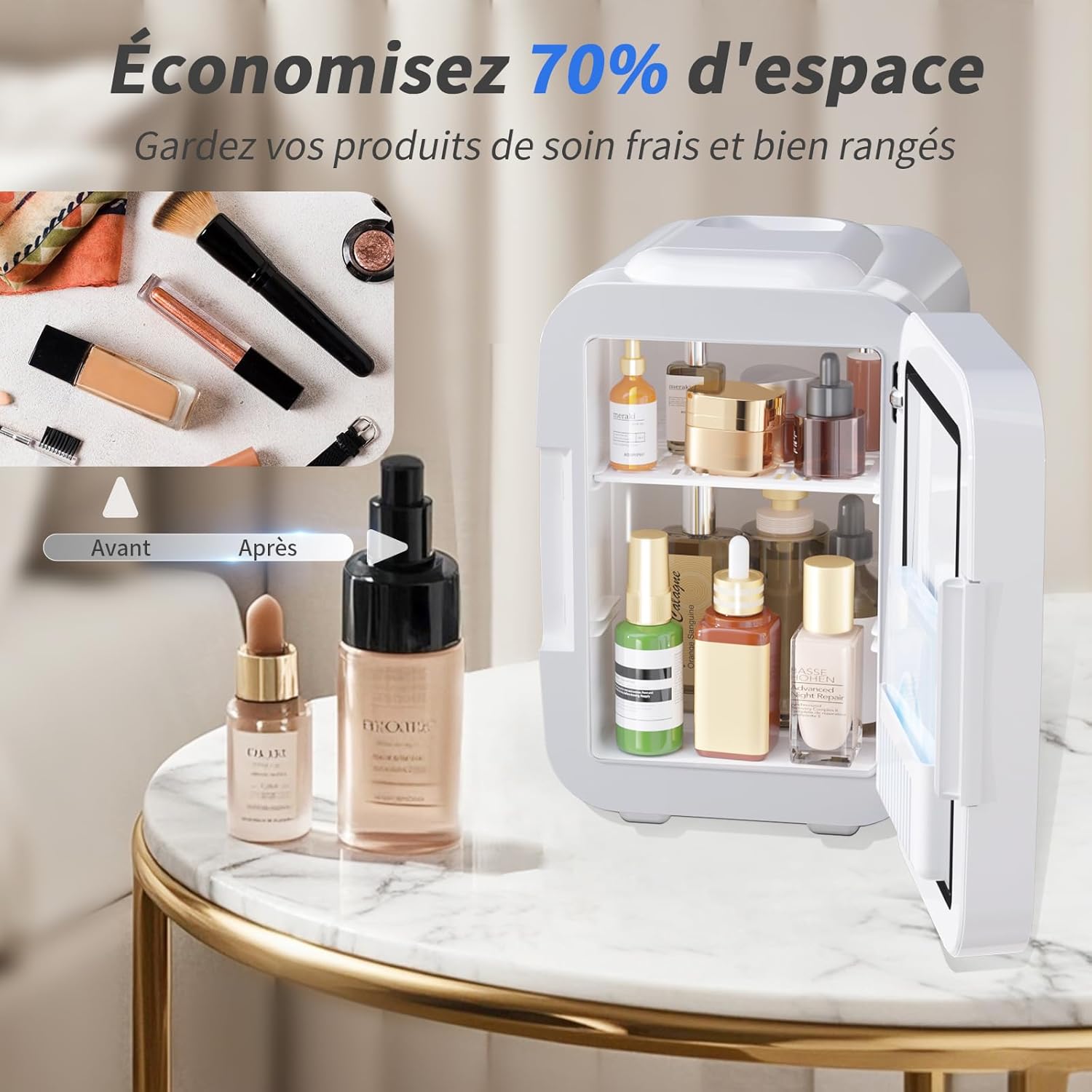 YASHE - Mini frigo 4L - LED miroir, chauffe/refroidit, portable, 220V/12V