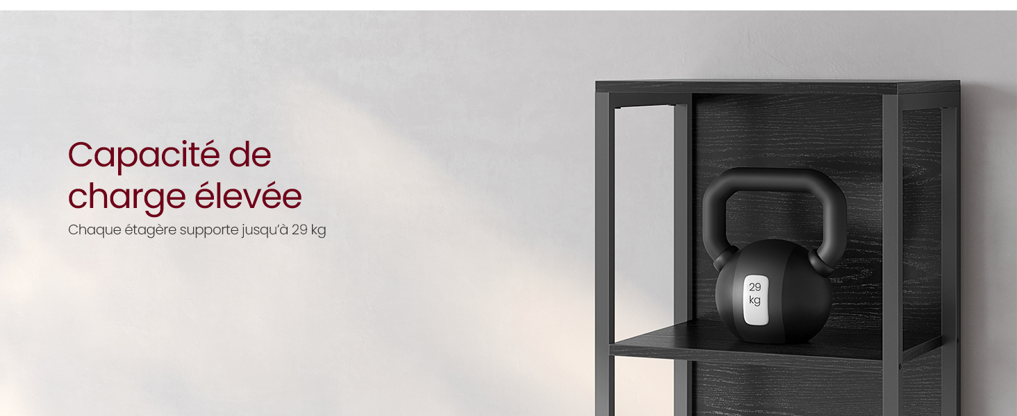 avec bouilloire électrique sur l'étagère supérieure. Le texte en français mentionne la « capacité de charge élevée »