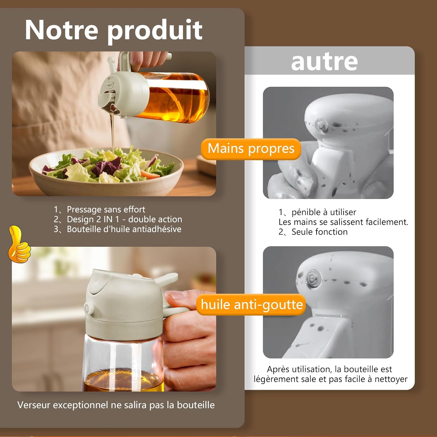 Flacon pulvérisateur d'huile - verre 470ml - 2 en 1, bec verseur