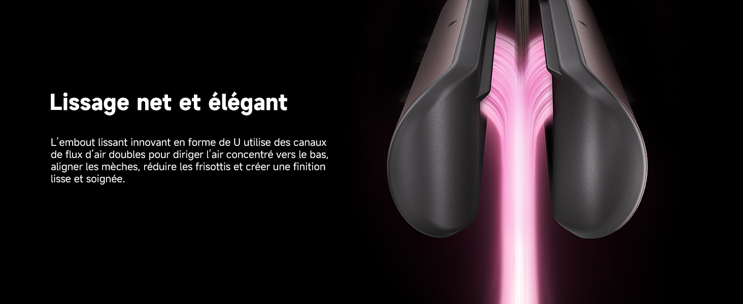 Le texte se lit comme suit : « Lissage net et élégant ». Image du produit en gros plan montrant un appareil noir élégant avec un accent rose sur fond sombre.