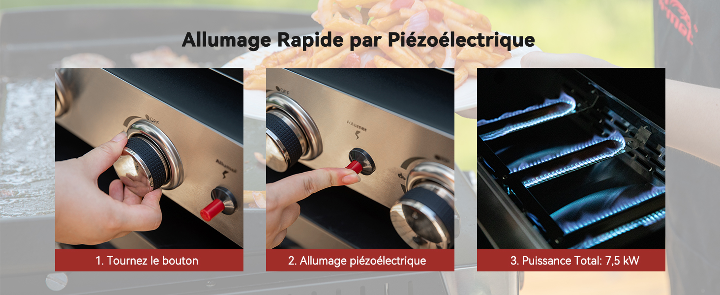 : bouton rotatif, allumage piézoélectrique et brûleurs à gaz allumés multiples d'une puissance totale de 7,5 kW