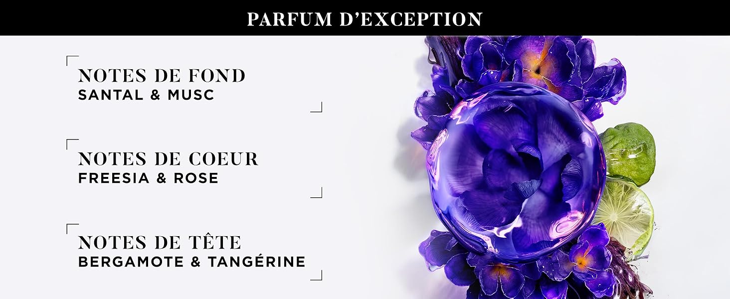 Le texte se lit comme suit : « PARFUM D'EXCEPTION », « NOTES DE FOND », « SANTAL & MUSC », « NOTES DE TÊTE ». Publicité artistique de parfum avec des éléments botaniques violets et verts.