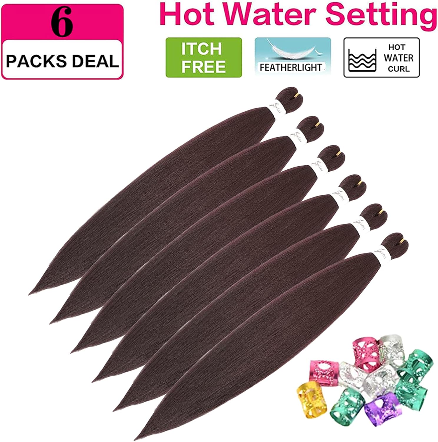 Rajout cheveux tressés pré-étirés - 30 pouces - Kanekalon, vin rouge, 6 paquets, doux et synthétique - 99J