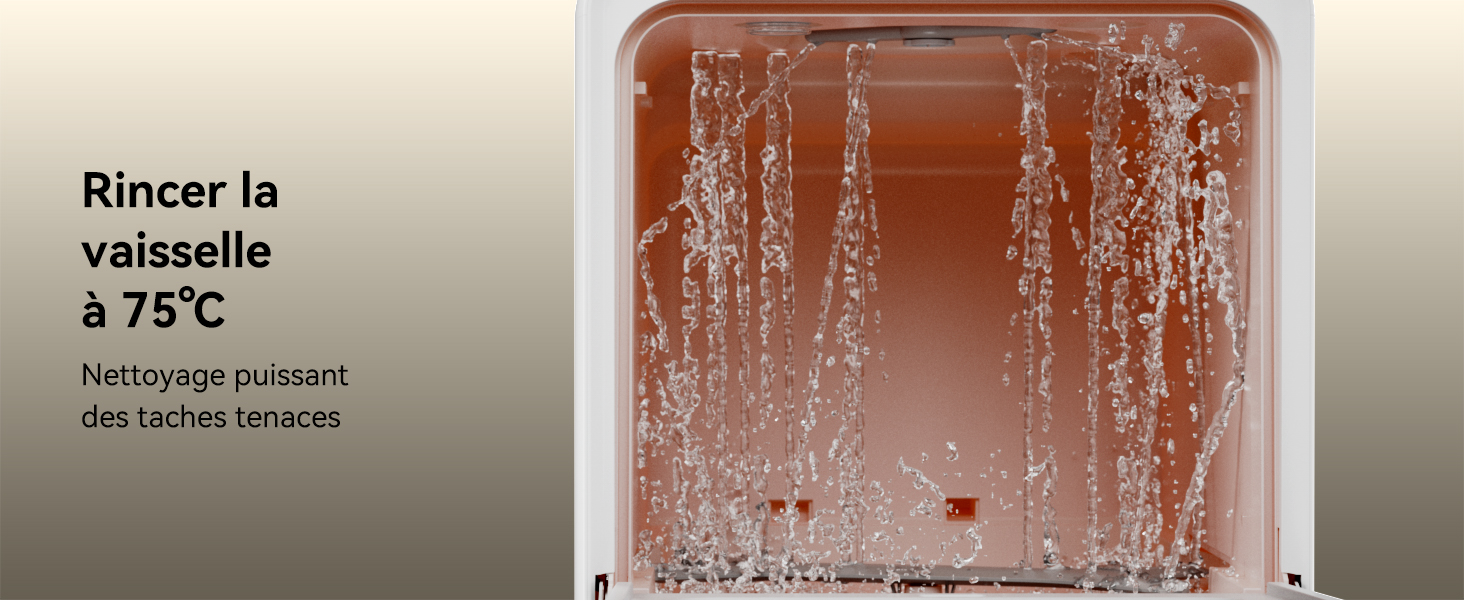Vue intérieure d'un lave-vaisselle avec pulvérisation d'eau sur la vaisselle. Texte en français indiquant un rinçage à 75 °C.
