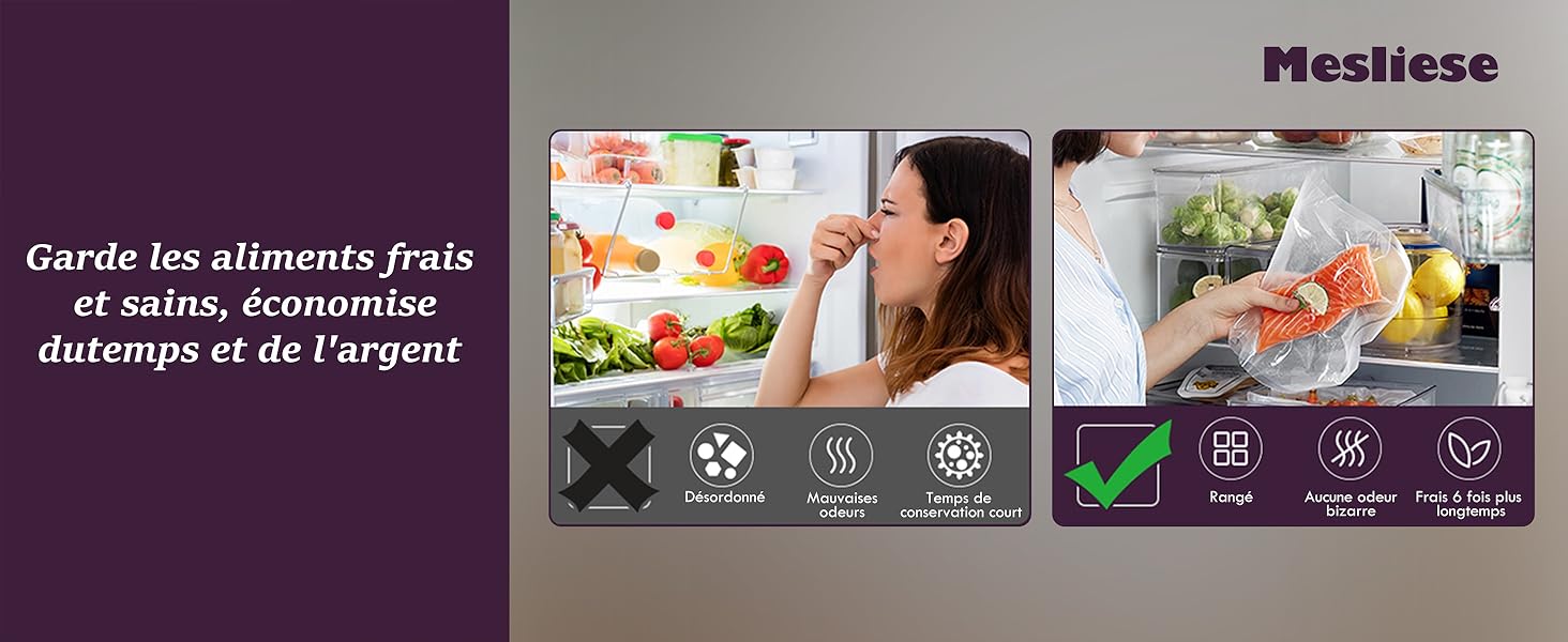 Intérieur du réfrigérateur avec produits frais. Les icônes ci-dessous présentent des fonctionnalités telles que le contrôle de la température, les économies d'énergie et l'élimination des odeurs.