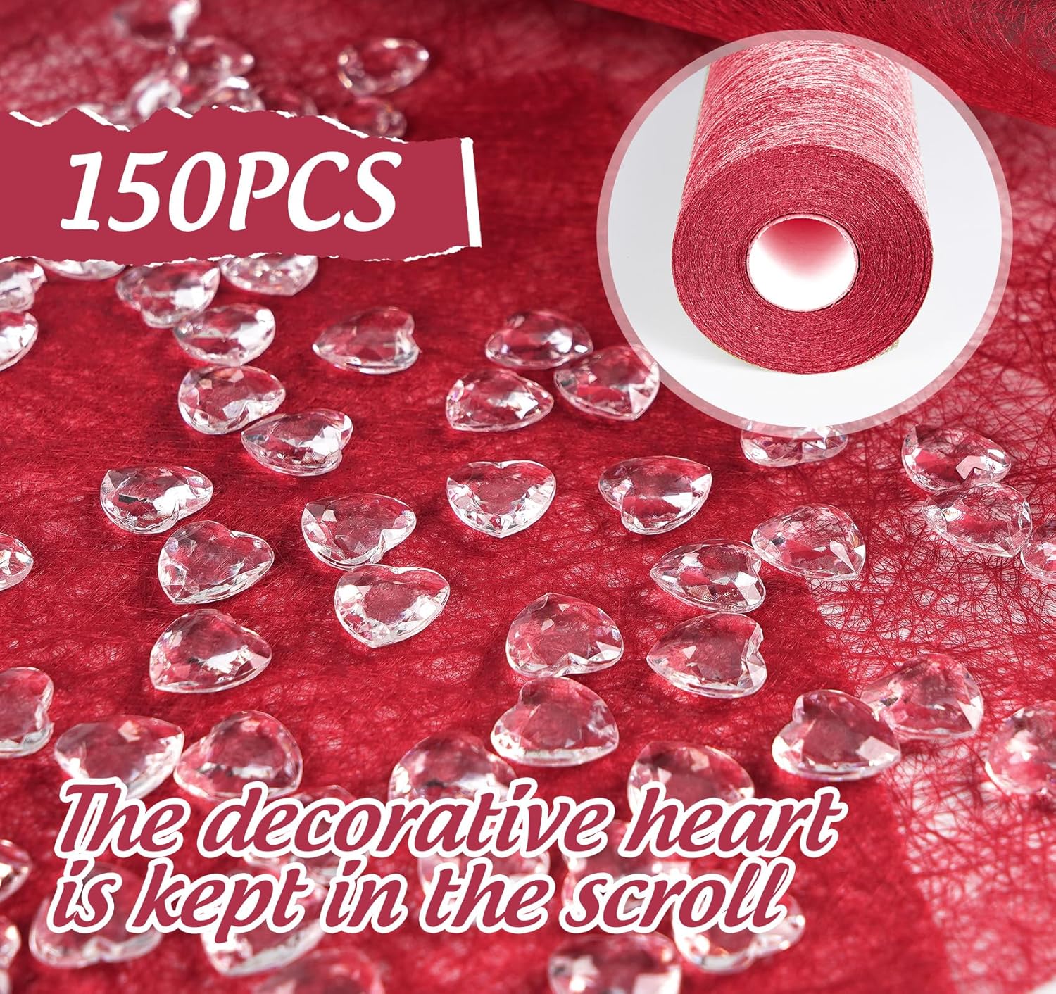 Chemin de table - non tissé, rouge, 23x300cm - 150 cœurs, réutilisable, fête/mariage