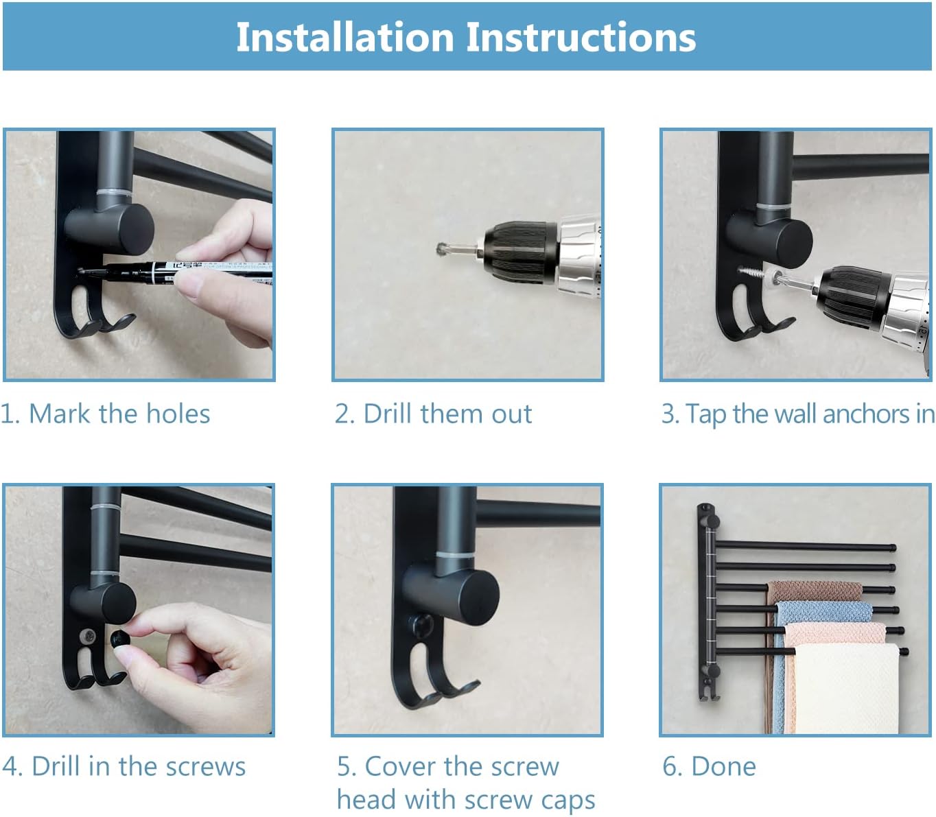 JSVER - porte-serviette 6 barres rotatives inox 180° - mural - Sèche-serviettes noir - SUS304