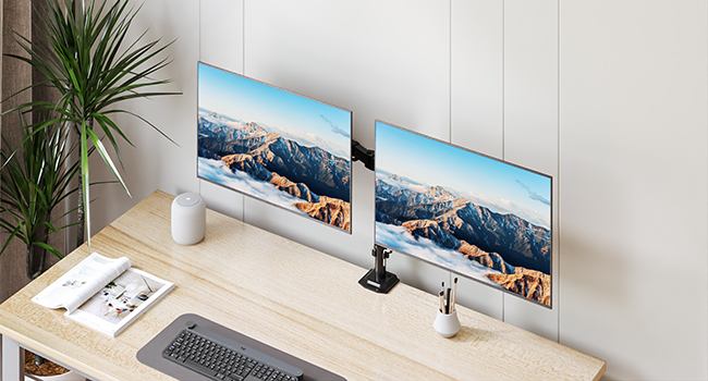 avec deux écrans affichant des paysages de montagne, un clavier, des plantes en pot et des accessoires de bureau sur une surface en bois clair