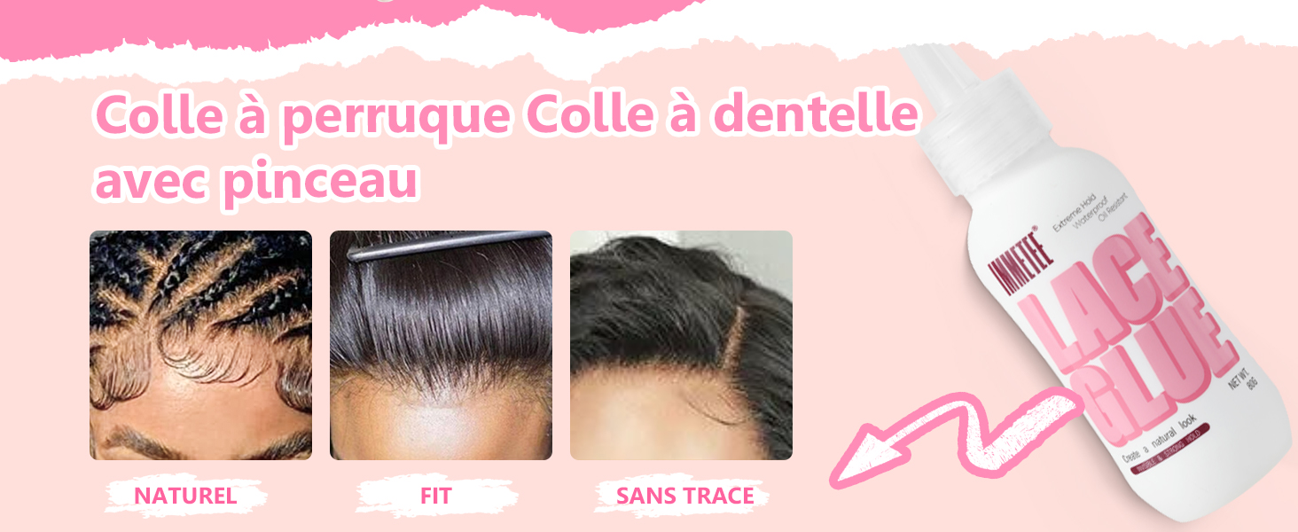 Le texte se lit comme suit : « Colle à perruque Colle à dentelle avec pinceau ». Panneaux de démonstration de produits teintés en rose illustrant le processus d'application.
