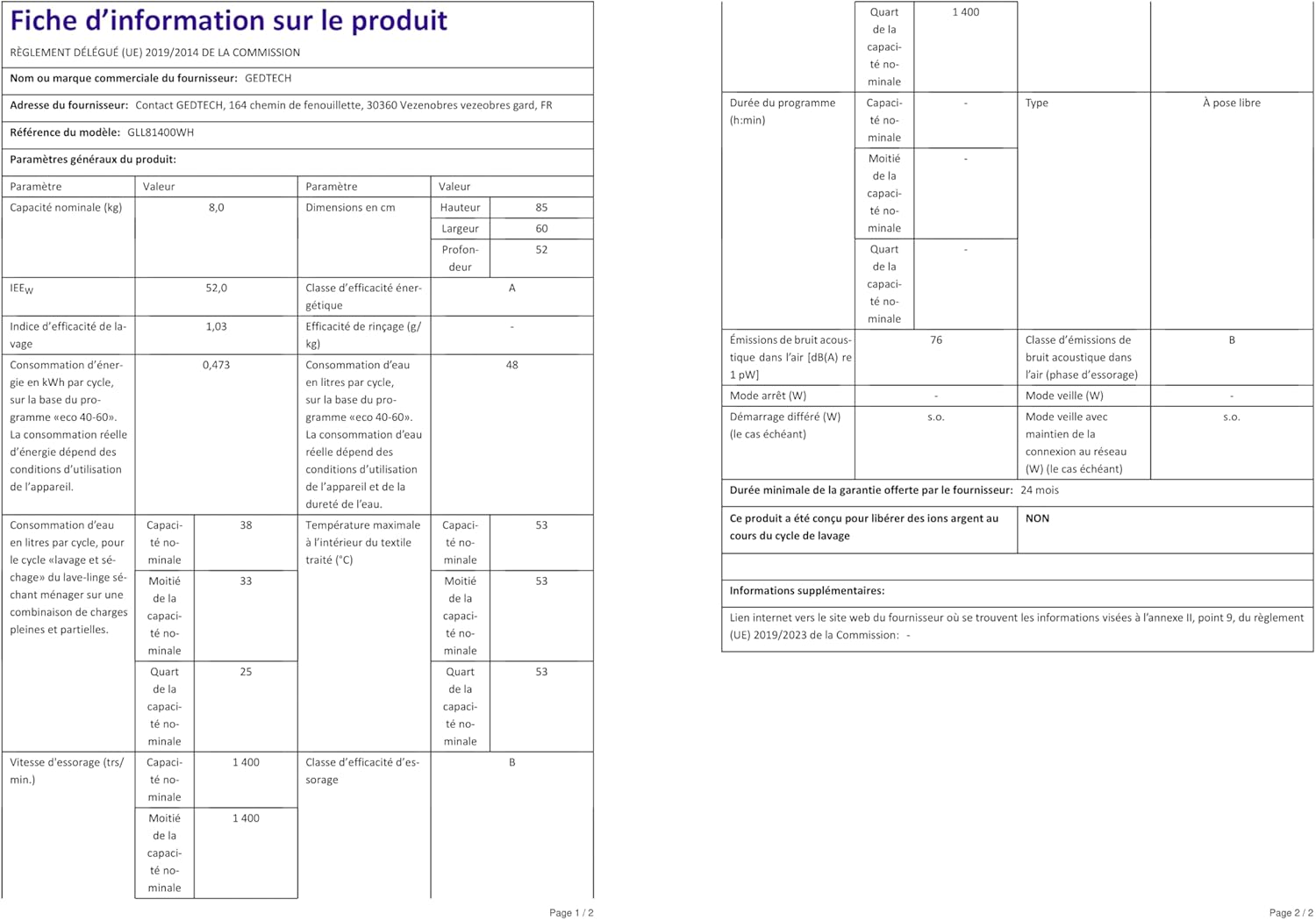 GEDTECH - lave-linge frontal 8kg 1400tr/min, classe A, 16 programmes - GLL81400WH